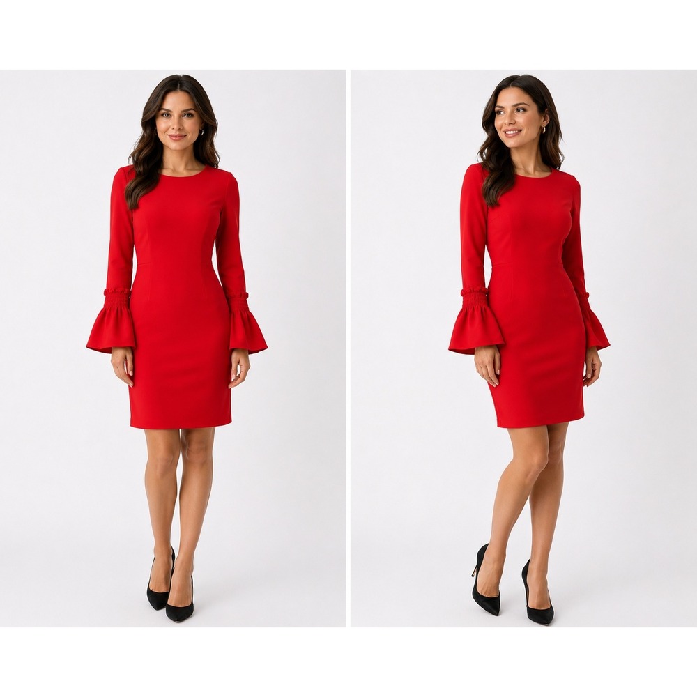 Karl Lagerfeld Paris Red Smocked Bell Sleeve Sheath Dress‎ Size 6